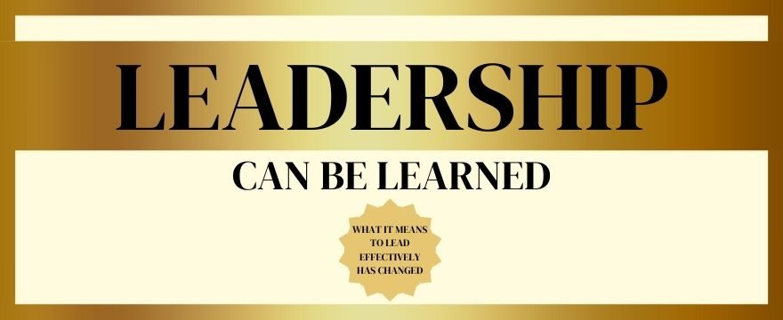 a graphic that resembles the cover of the book "Leaders: the strategies for taking charge" that says "Leadership can be learned"